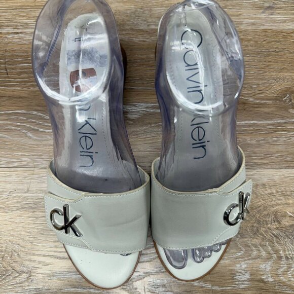 Calvin Klein White Leather Block Heel Sandals Women's Size 8 - Picture 2 of 6
